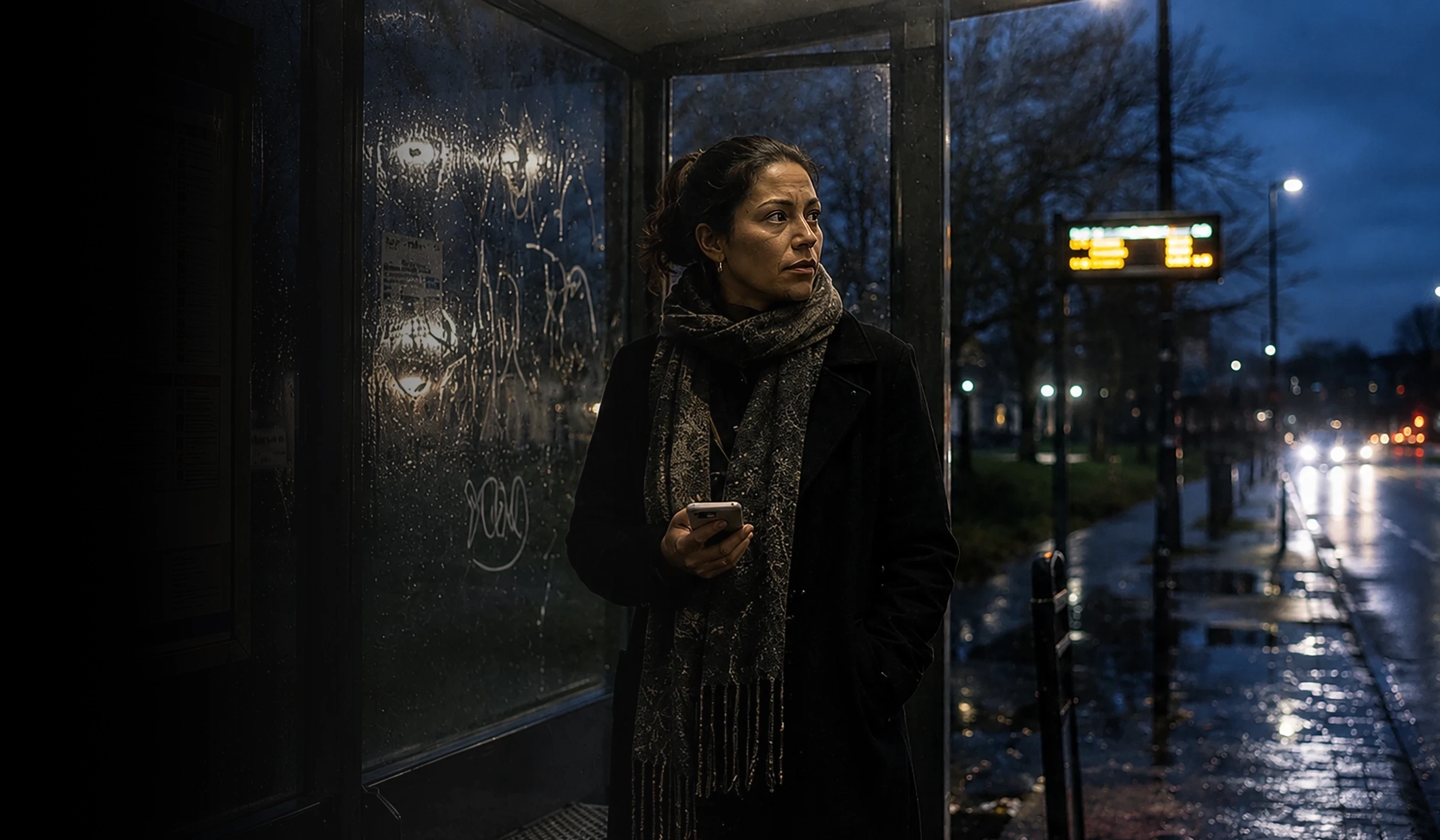 Vrouw bij een bushalte in de openbare ruimte