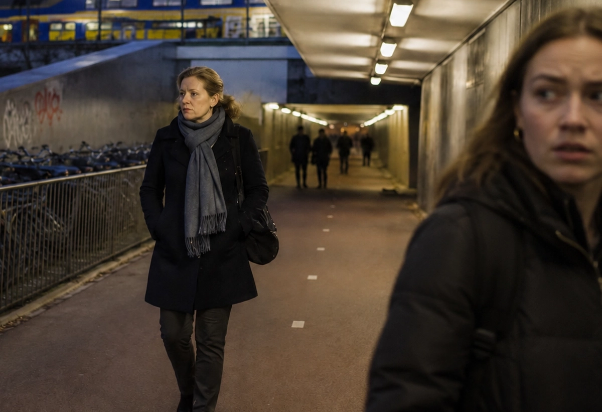 Woman in public space in the evening