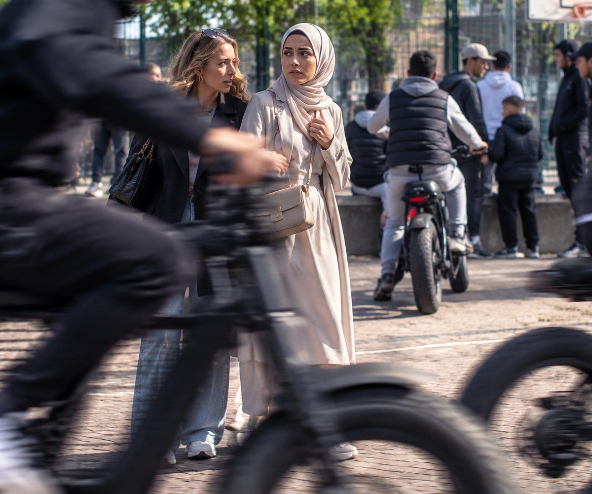 Vrouw op de fiets in de openbare ruimte