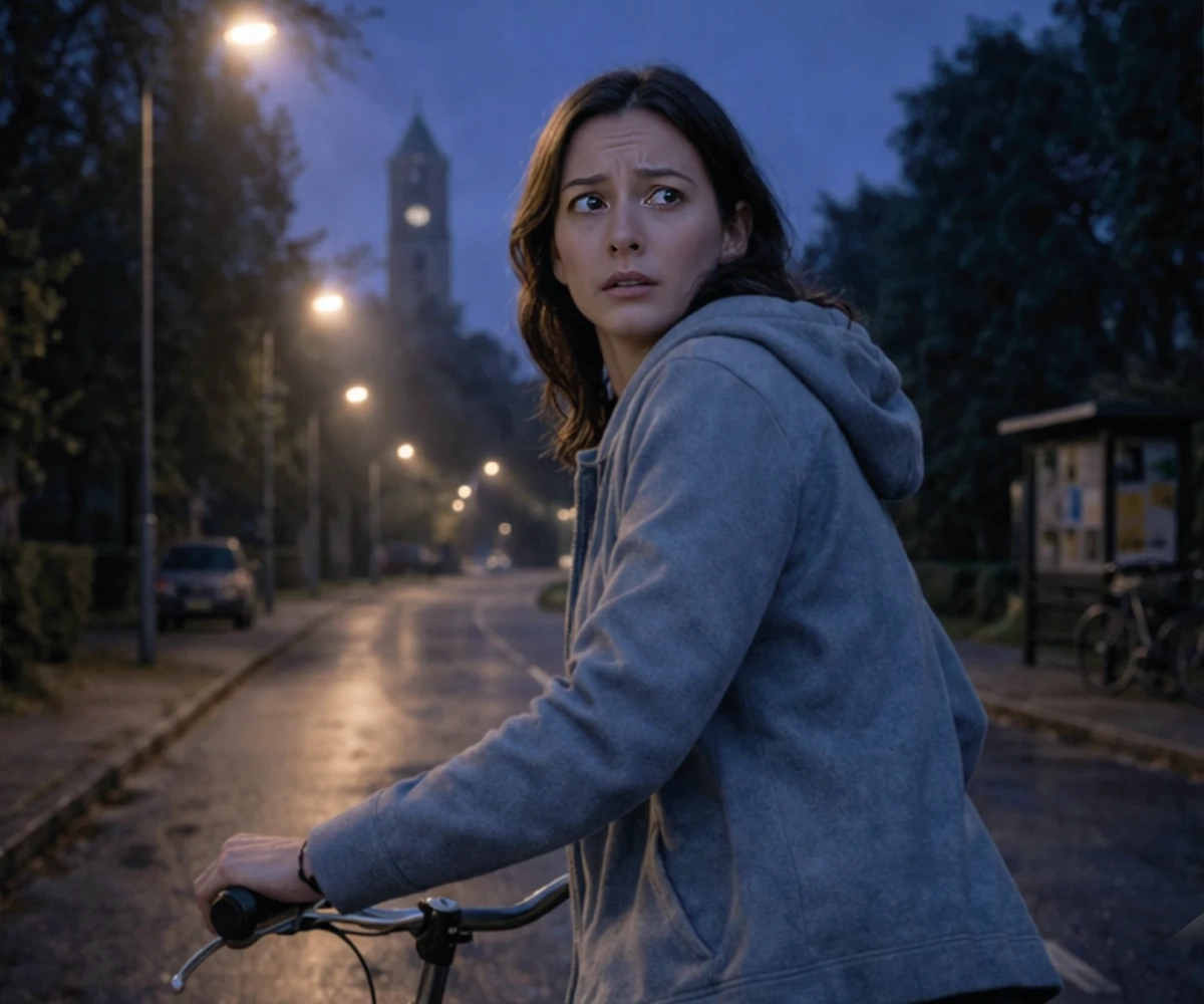 Vrouw op de fiets die alert om zich heen kijkt in de openbare ruimte